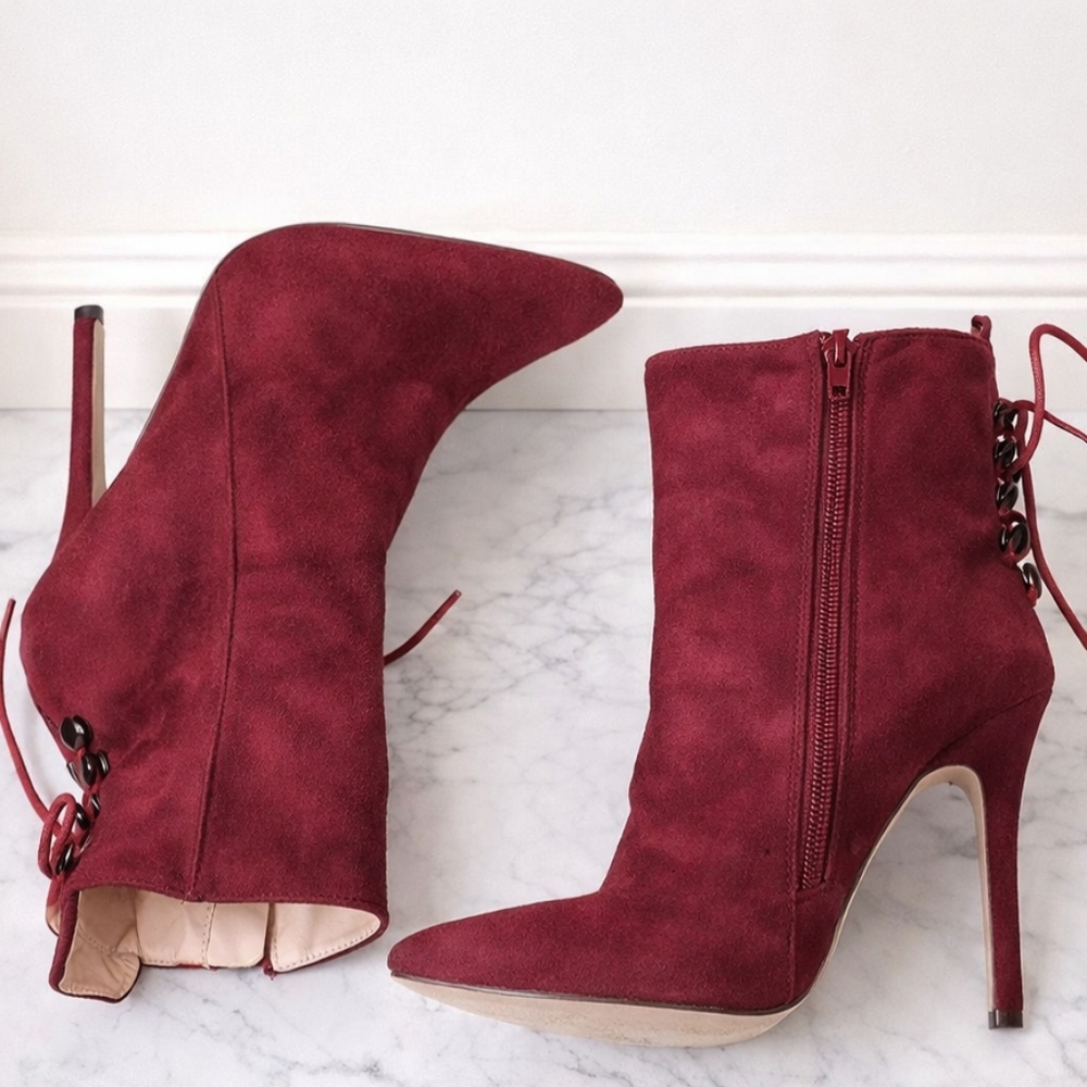 Elegant Burgundy Stiletto Corset Ankle Boots